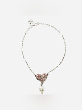 Miu Miu Crystal Faux Pearl Heart Silver Chain Bracelet